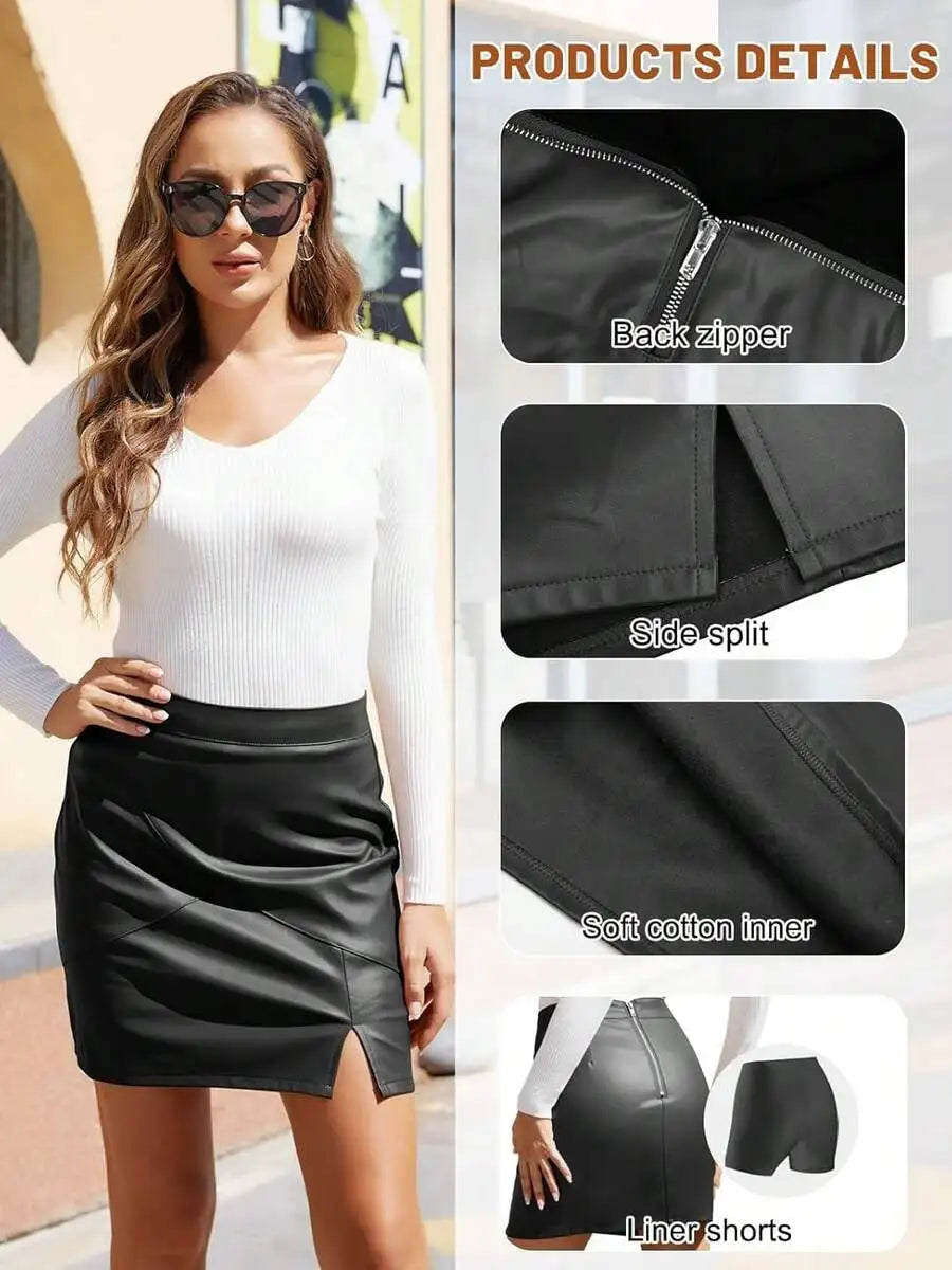 Women Faux Leather High Waisted Bodycon Pencil Skirt With Zipper