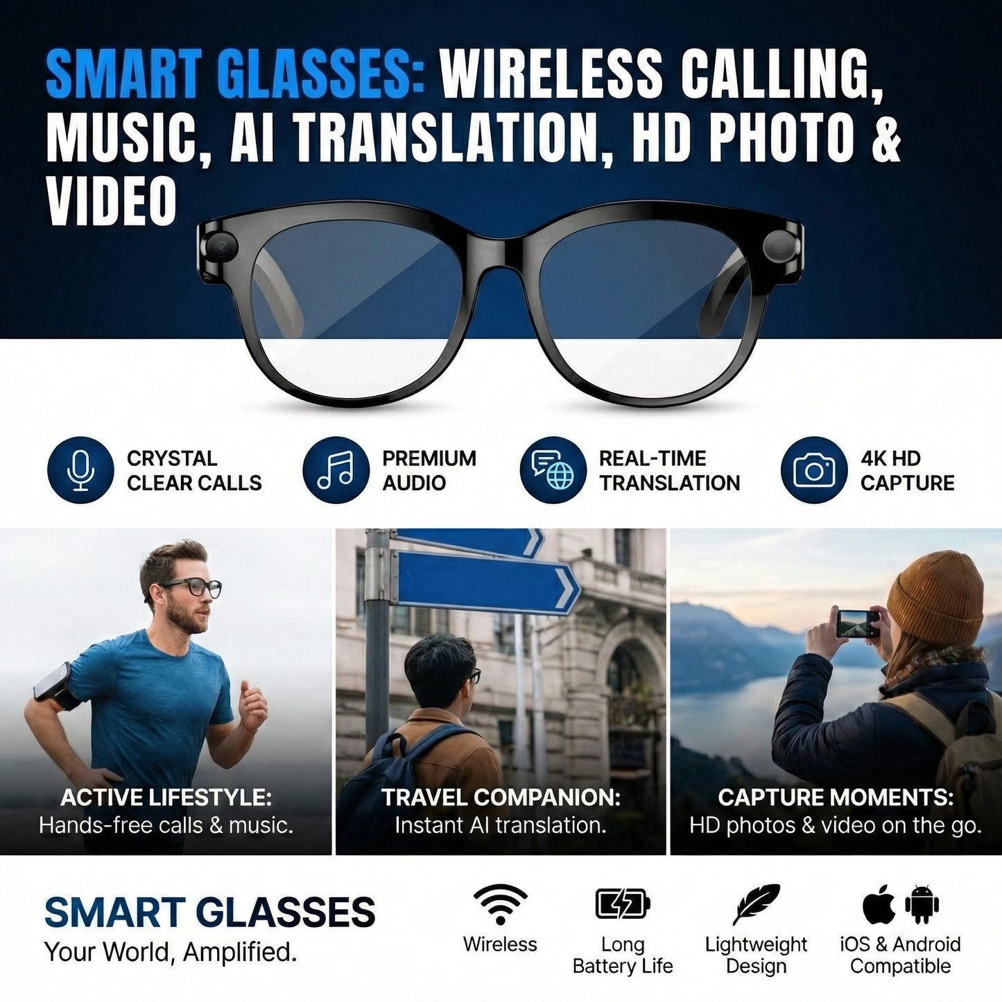 SENBONO Smart Glasses With 100 Language Translation Bluetooth Camera