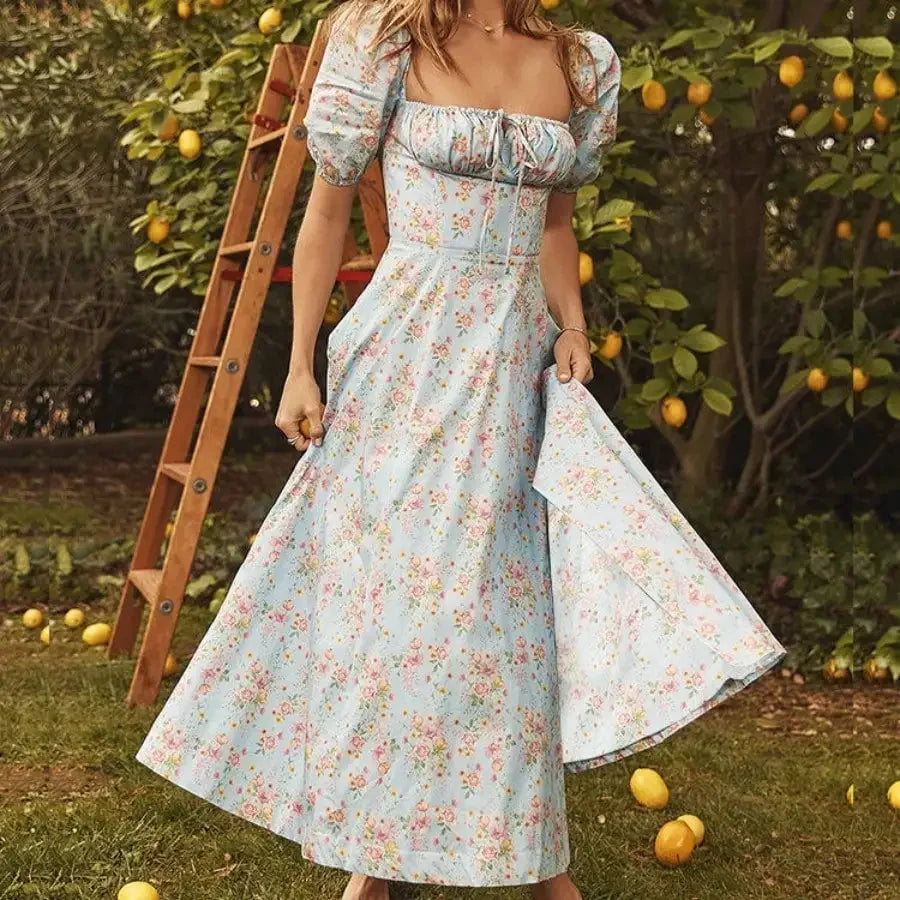 French Style Backless Floral Slit Spaghetti Strap Dress For Women