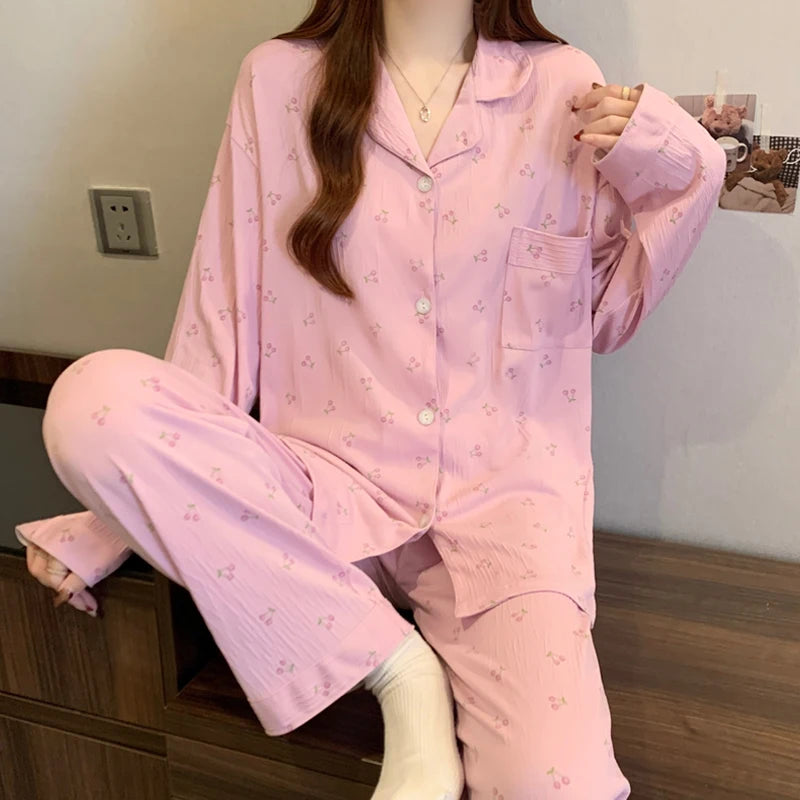 Harajuku Bow Tie Pajamas For Women Long Sleeve Top Pants