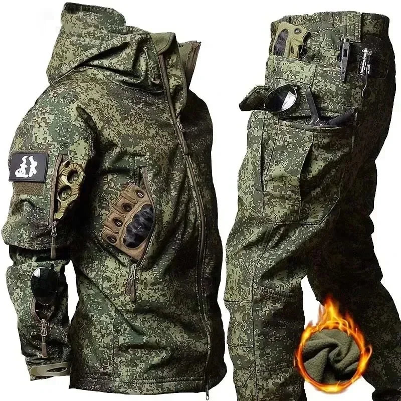 AUKUPKEE Tactical Waterproof Men Camo Soft Shell Fleece Winter Suit