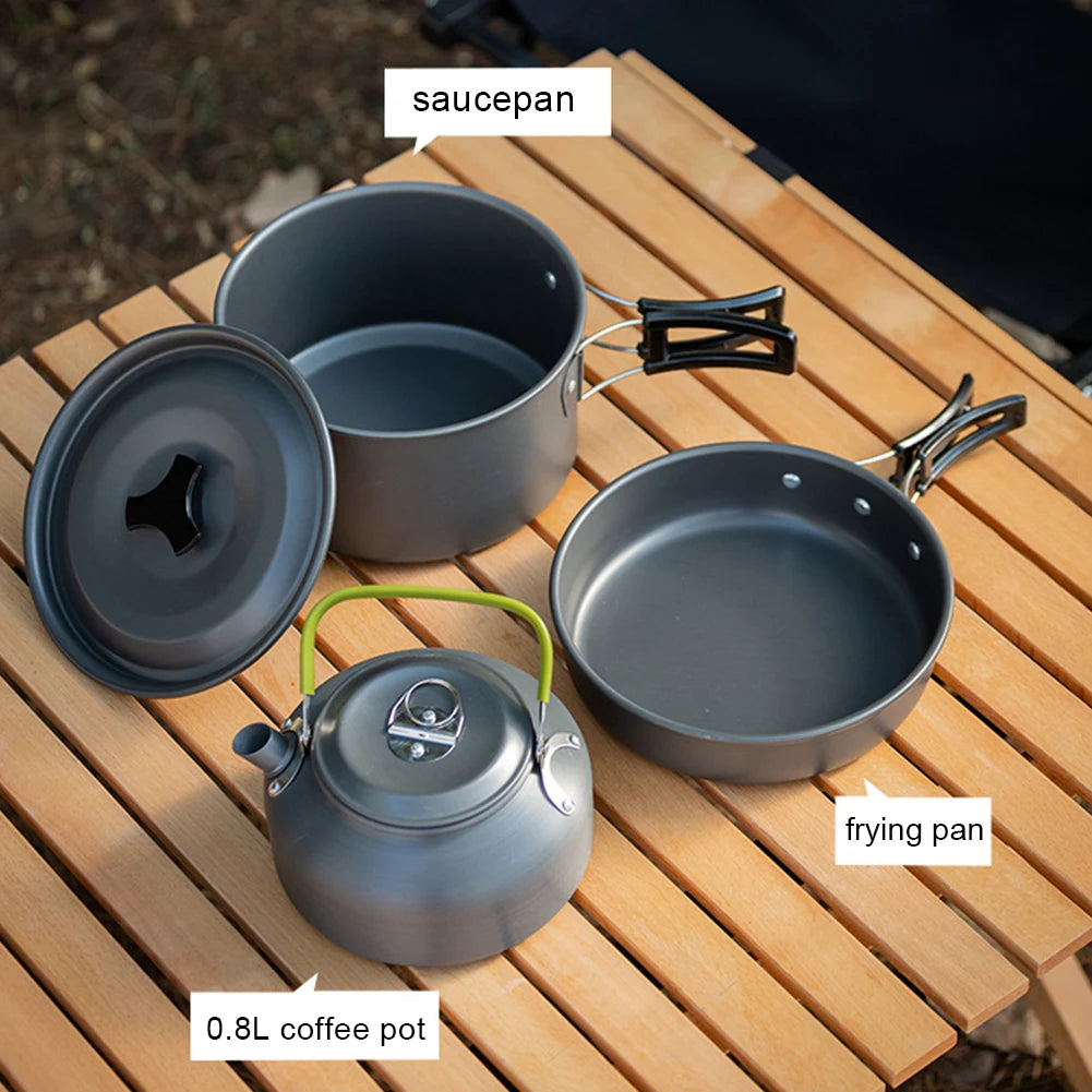 APWIKOGER Camping Cookware Set Three Piece Pot Pan Kettle With Mesh Bag