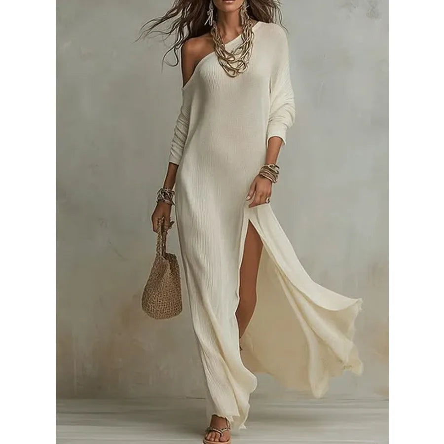 Women's Knit Pleated Long Sleeve Dress With Split Hem