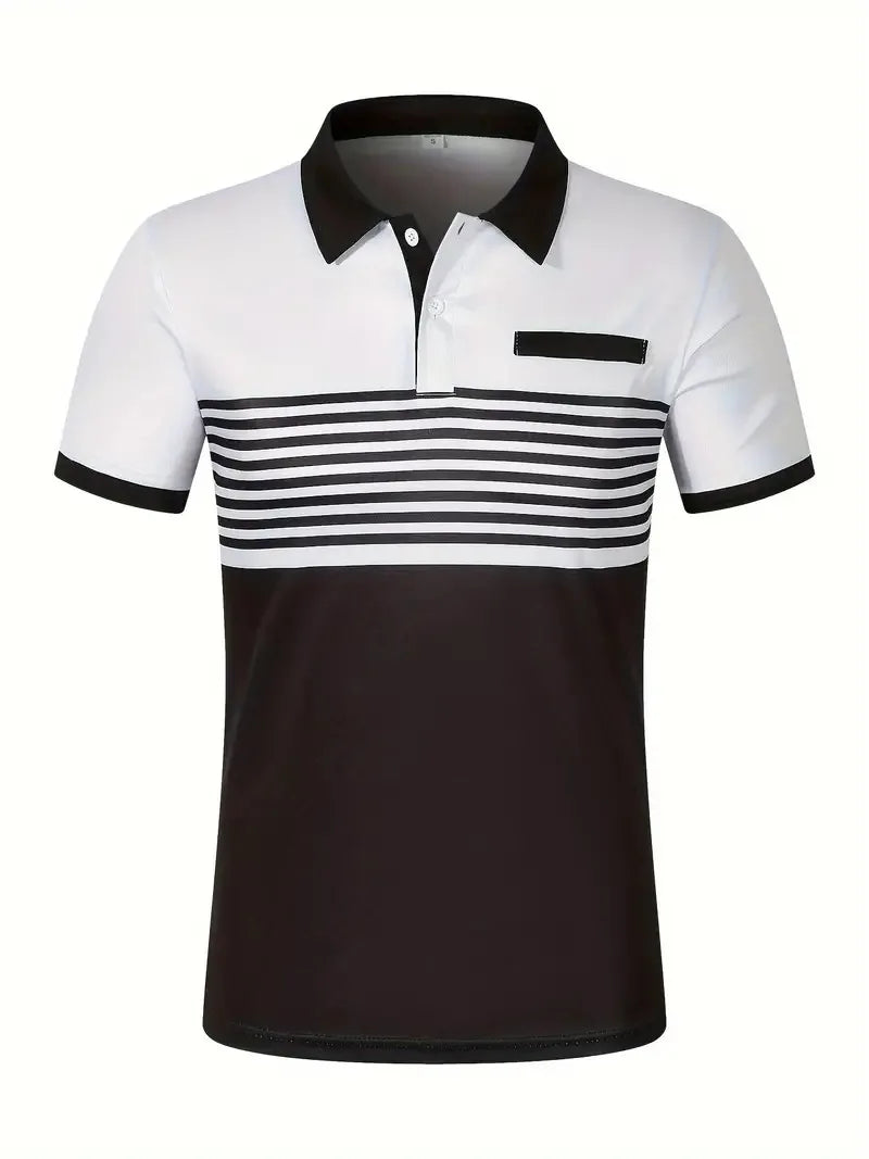 Men's V Neck Polo Shirt Striped Colorblocked Short Sleeve